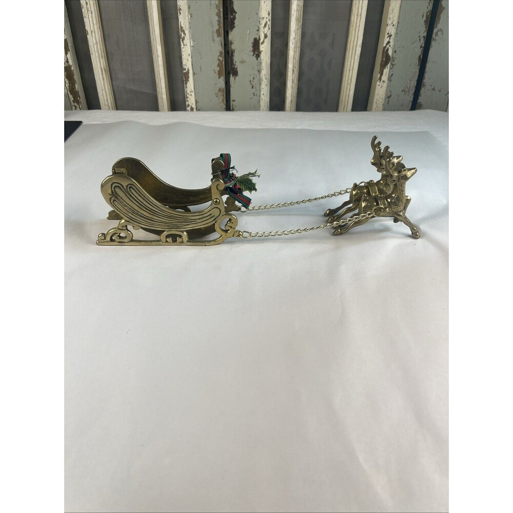 Vintage Solid Brass Reindeer and Sleigh Set Christmas Centerpiece MCM